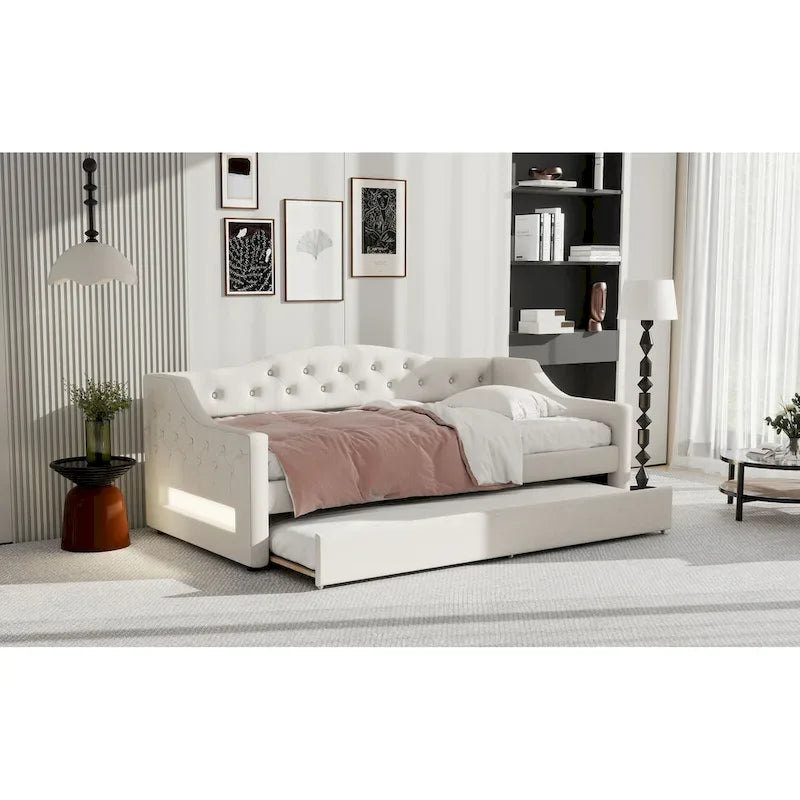 Linen Upholstered Twin XL Daybed with LED Lights and Trundle