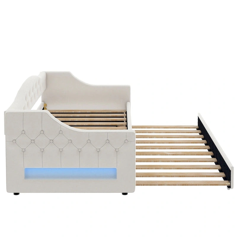 Linen Upholstered Twin XL Daybed with LED Lights and Trundle