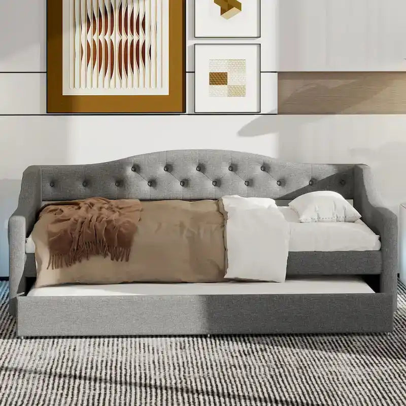 Linen Upholstered Twin XL Daybed with LED Lights and Trundle