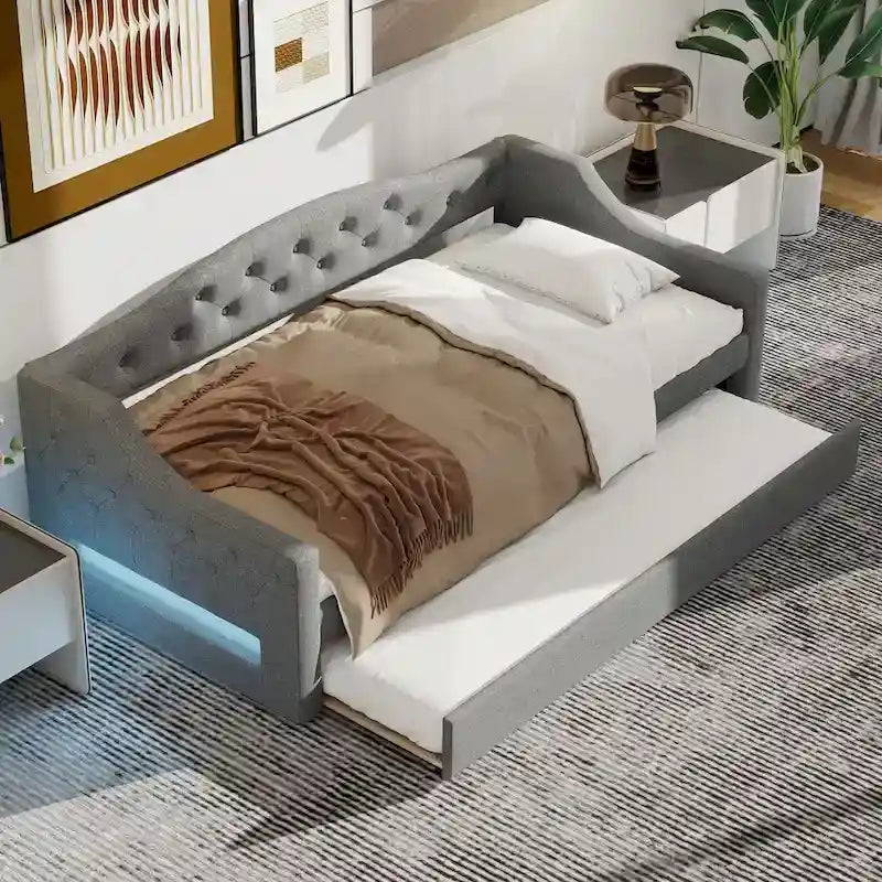 Linen Upholstered Twin XL Daybed with LED Lights and Trundle