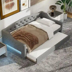 Linen Upholstered Twin XL Daybed with LED Lights and Trundle