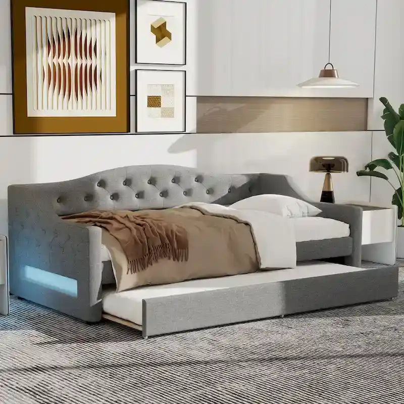 Linen Upholstered Twin XL Daybed with LED Lights and Trundle