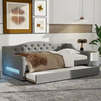 Linen Upholstered Twin XL Daybed with LED Lights and Trundle