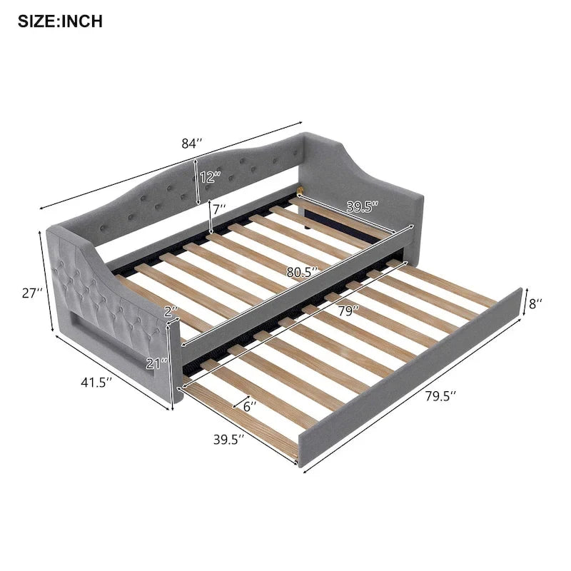 Linen Upholstered Twin XL Daybed with LED Lights and Trundle