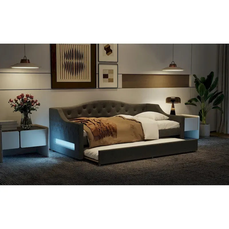 Linen Upholstered Twin XL Daybed with LED Lights and Trundle