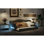 Linen Upholstered Twin XL Daybed with LED Lights and Trundle