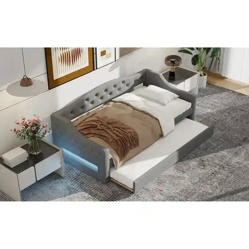 Linen Upholstered Twin XL Daybed with LED Lights and Trundle
