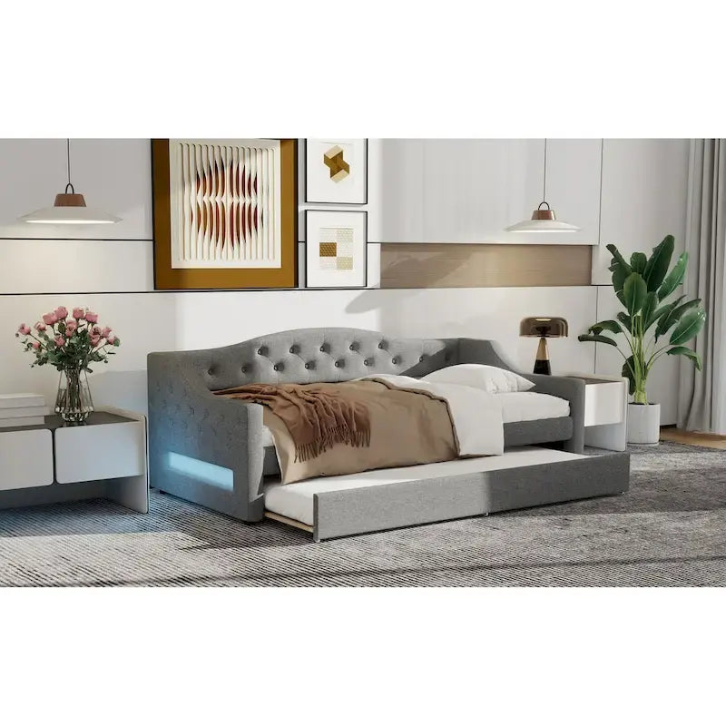Linen Upholstered Twin XL Daybed with LED Lights and Trundle