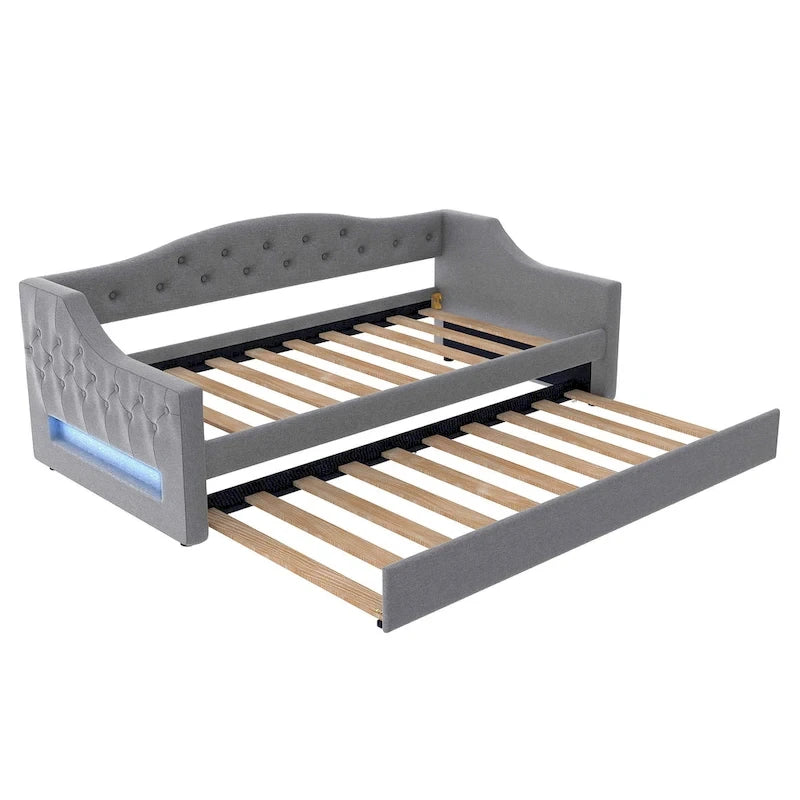 Linen Upholstered Twin XL Daybed with LED Lights and Trundle