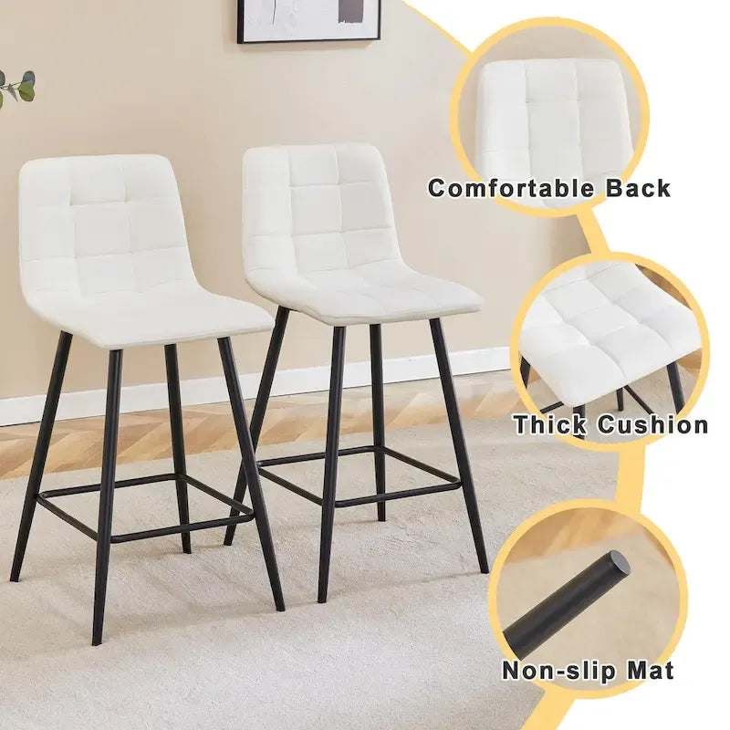 Modern PU Bar Chair 2 Pieces with Metal Legs, Checkered Design, Waterproof and Stain Resistant Suitable for Bars, Living Rooms