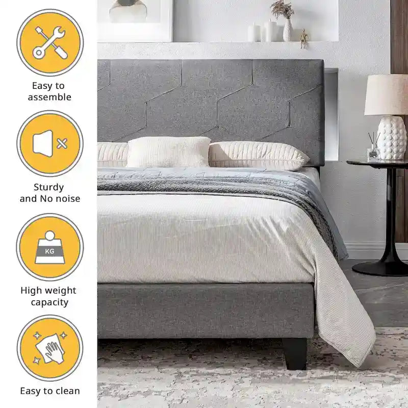 Lit plateforme tapissé Queen Size avec support à lattes en bois pour chambre à coucher