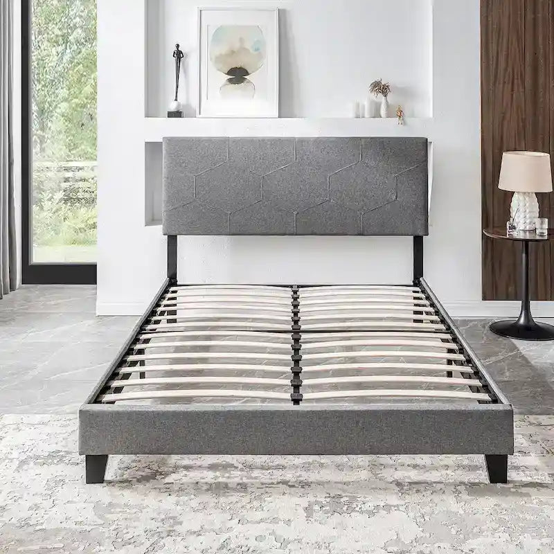 Lit plateforme tapissé Queen Size avec support à lattes en bois pour chambre à coucher