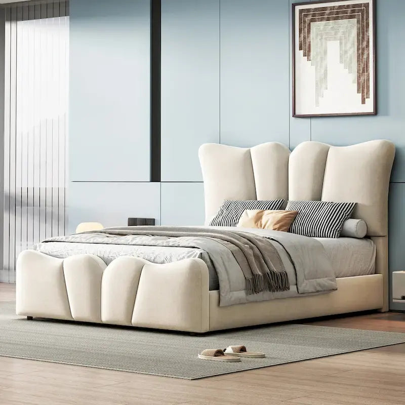 Beige Twin Size Velvet Bed with Distinctive Headboard and Footboard