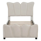 Beige Twin Size Velvet Bed with Distinctive Headboard and Footboard