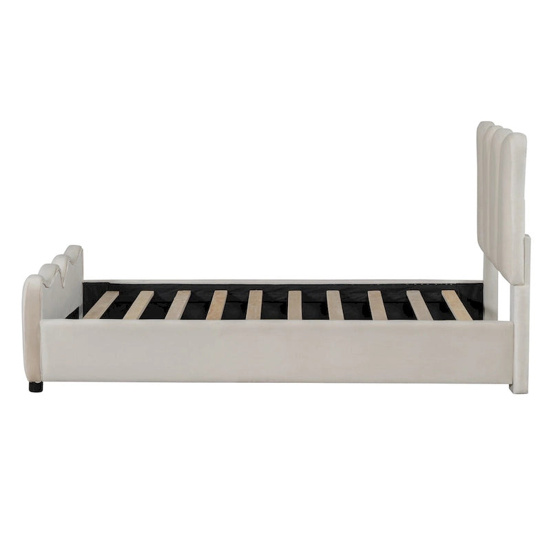 Beige Twin Size Velvet Bed with Distinctive Headboard and Footboard
