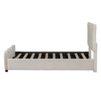 Beige Twin Size Velvet Bed with Distinctive Headboard and Footboard