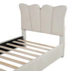 Beige Twin Size Velvet Bed with Distinctive Headboard and Footboard