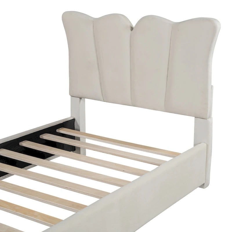 Beige Twin Size Velvet Bed with Distinctive Headboard and Footboard