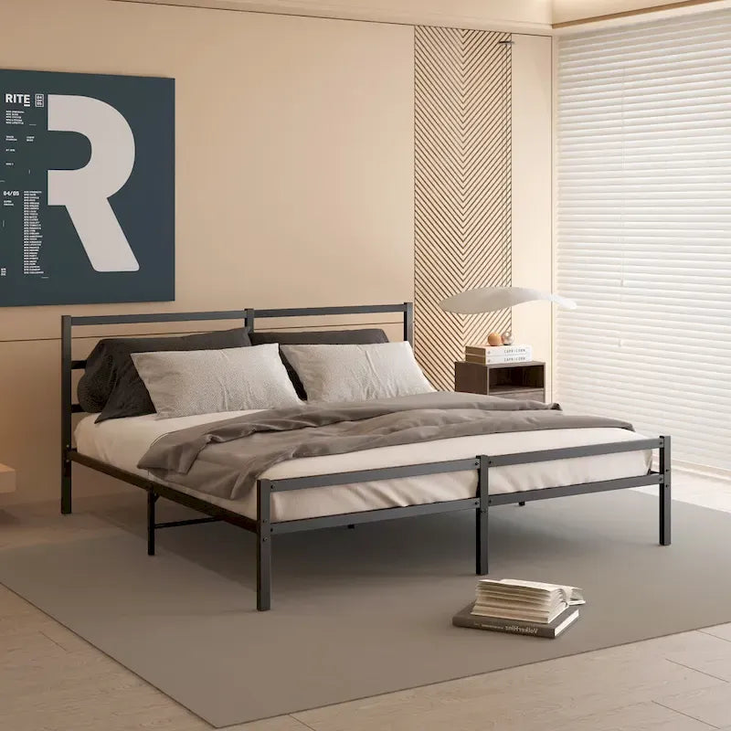 Cadre de lit plateforme King en métal noir avec tête de lit - Conception pliable améliorée
