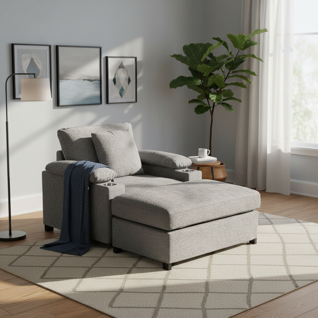 Fauteuil d'appoint surdimensionné en chenille avec pouf, ports de charge USB et canapé-lit convertible