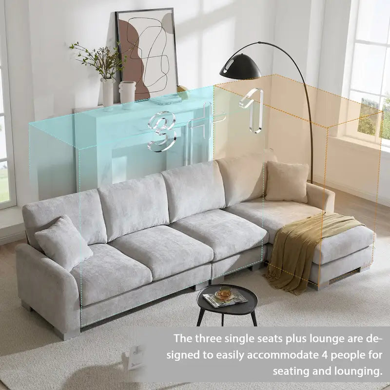 119 Grand canapé sectionnel en L 5 places avec méridienne et 2 coussins décoratifs pour salon