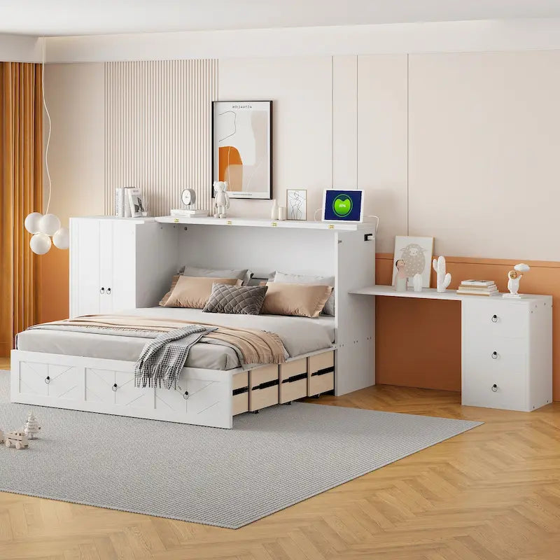 Queen Size Murphy Bed with USB Port, Large Drawer, and Desk