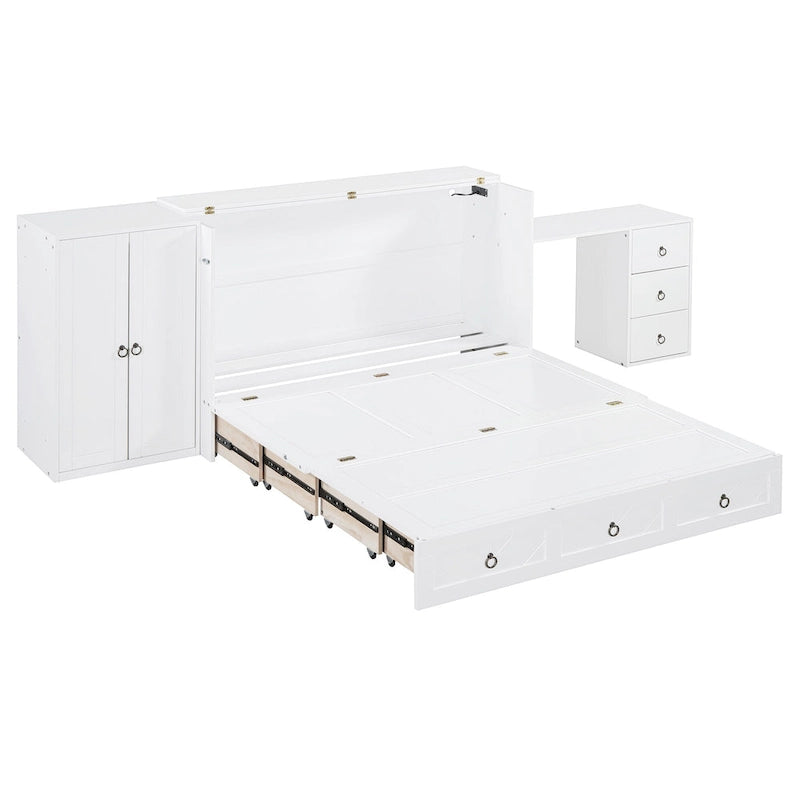 Queen Size Murphy Bed with USB Port, Large Drawer, and Desk
