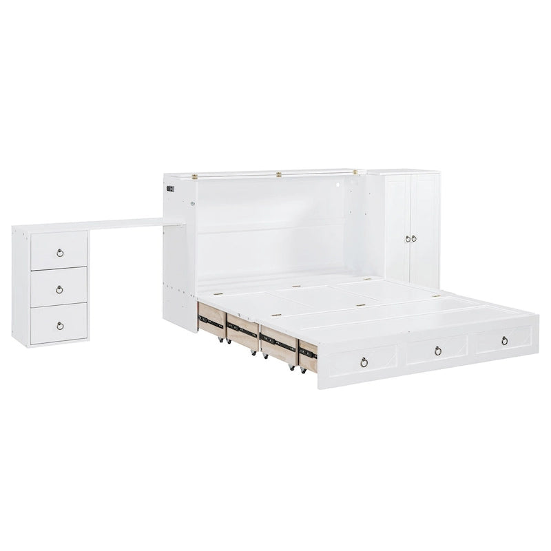 Queen Size Murphy Bed with USB Port, Large Drawer, and Desk