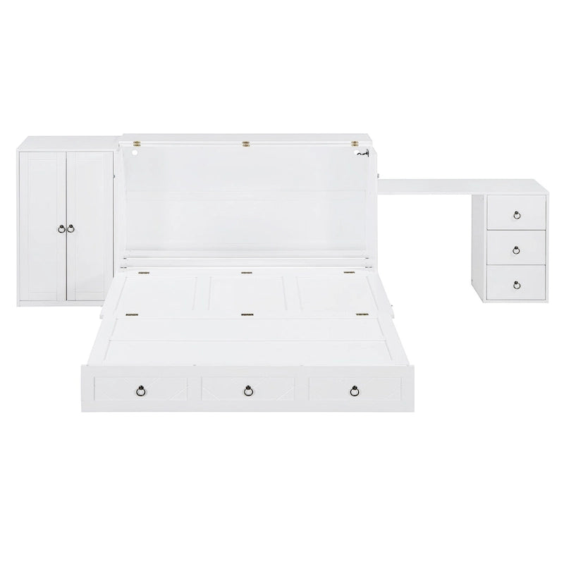 Queen Size Murphy Bed with USB Port, Large Drawer, and Desk