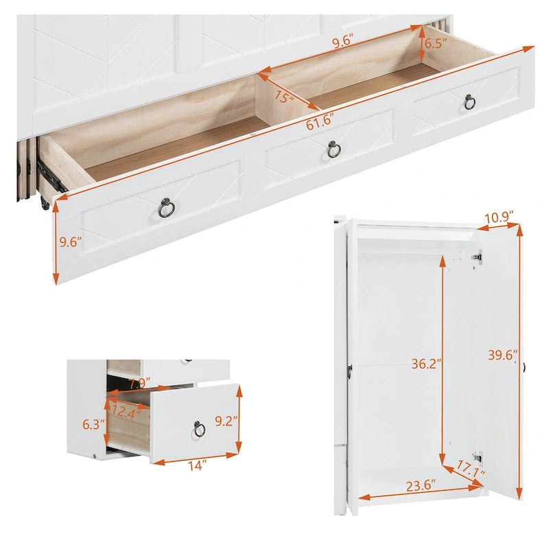 Queen Size Murphy Bed with USB Port, Large Drawer, and Desk