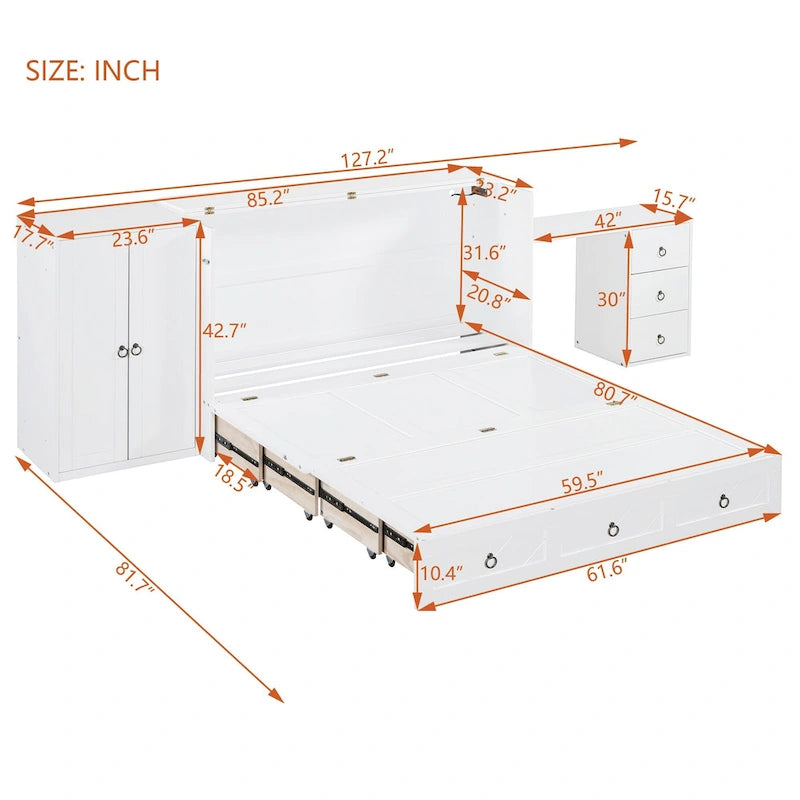 Queen Size Murphy Bed with USB Port, Large Drawer, and Desk