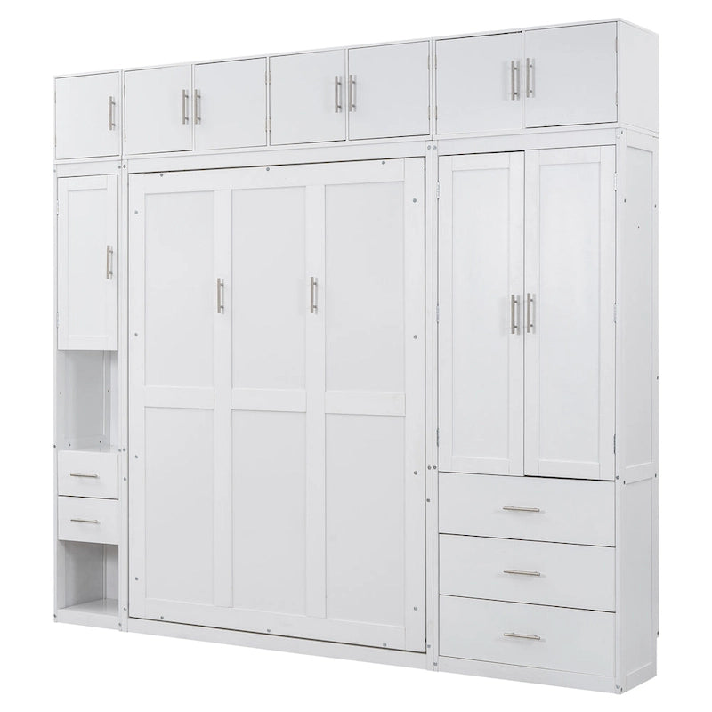 White Full Size Modern Murphy Bed with Drawers, Lockers, and Wardrobes