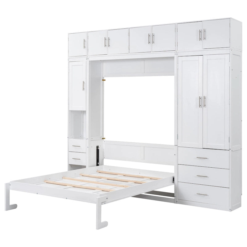 White Full Size Modern Murphy Bed with Drawers, Lockers, and Wardrobes