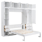 White Full Size Modern Murphy Bed with Drawers, Lockers, and Wardrobes