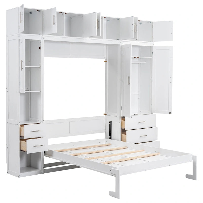 White Full Size Modern Murphy Bed with Drawers, Lockers, and Wardrobes