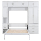 White Full Size Modern Murphy Bed with Drawers, Lockers, and Wardrobes