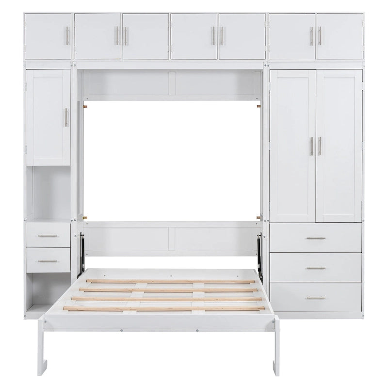 White Full Size Modern Murphy Bed with Drawers, Lockers, and Wardrobes
