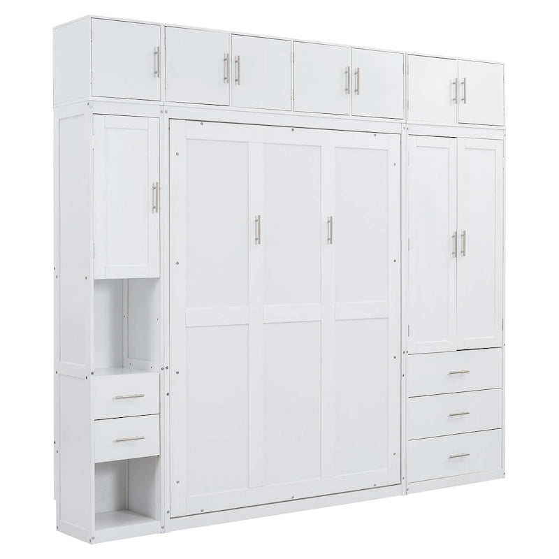 White Full Size Modern Murphy Bed with Drawers, Lockers, and Wardrobes