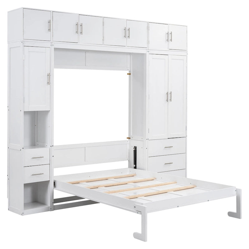 White Full Size Modern Murphy Bed with Drawers, Lockers, and Wardrobes