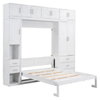 White Full Size Modern Murphy Bed with Drawers, Lockers, and Wardrobes
