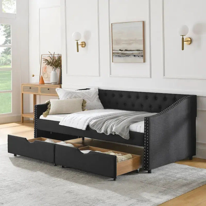 Twin Size Linen Upholstered Daybed Frame with 2 Drawers, Buttons Tufted Backrest, Copper Nail Decoration