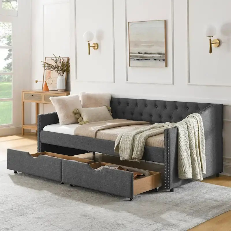 Twin Size Linen Upholstered Daybed Frame with 2 Drawers, Buttons Tufted Backrest, Copper Nail Decoration