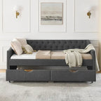 Twin Size Linen Upholstered Daybed Frame with 2 Drawers, Buttons Tufted Backrest, Copper Nail Decoration
