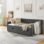 Twin Size Linen Upholstered Daybed Frame with 2 Drawers, Buttons Tufted Backrest, Copper Nail Decoration