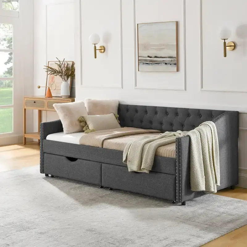 Twin Size Linen Upholstered Daybed Frame with 2 Drawers, Buttons Tufted Backrest, Copper Nail Decoration
