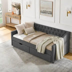Twin Size Linen Upholstered Daybed Frame with 2 Drawers, Buttons Tufted Backrest, Copper Nail Decoration