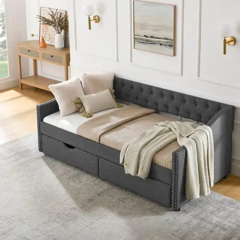 Twin Size Linen Upholstered Daybed Frame with 2 Drawers, Buttons Tufted Backrest, Copper Nail Decoration
