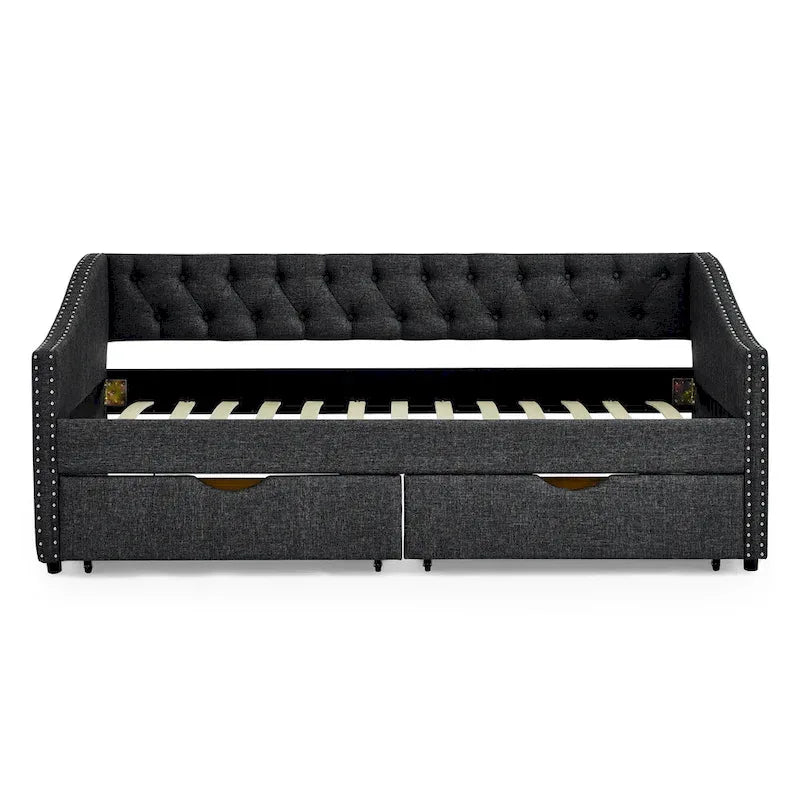 Twin Size Linen Upholstered Daybed Frame with 2 Drawers, Buttons Tufted Backrest, Copper Nail Decoration