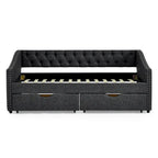 Twin Size Linen Upholstered Daybed Frame with 2 Drawers, Buttons Tufted Backrest, Copper Nail Decoration