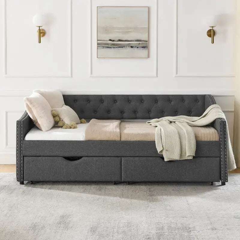 Twin Size Linen Upholstered Daybed Frame with 2 Drawers, Buttons Tufted Backrest, Copper Nail Decoration